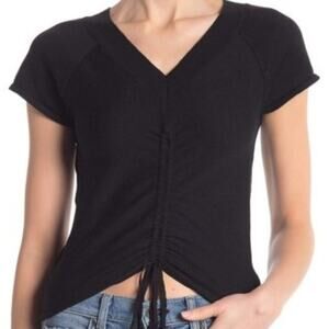 NWT Poof Black V-Neck Drawstring Ruched Hi-Low Short Sleeve Crop Knit Top M